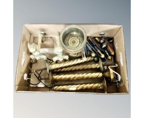 A box of pair of Victorian brass fire dogs, Art Deco brass light fittings, Victorian brass oil lamp base 