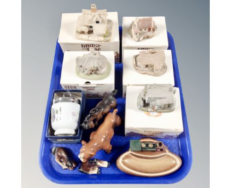A tray of five Lilliput Lane house ornaments, boxed, Wade ashtray, animal ornaments, Royal Worcester egg coddler 