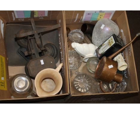TWO BOXES OF GLASSWARE, CERAMICS AND A SET OF SCALES
