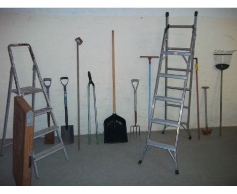 GARDEN TOOLS AND TWO PAIRS OF ALUMINIUM STEP LADDERS