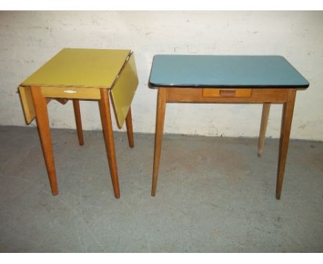 TWO RETRO FORMICA TOPPED KITCHEN TABLES, ONE WITH A DRAWER MADE BY F. JADE MARK AND A DROP LEAF MADE BY KAMPLOYBlue one measu