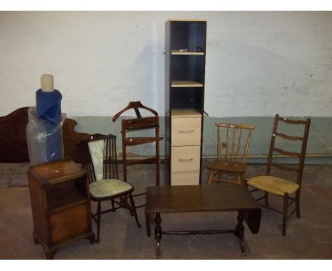 EIGHT ITEMS TO INCLUDE A TALL SWIVEL STORAGE UNIT WITH MIRRORED BACK, A ROLL OF VELOUR VELVET AND AN ERCOL CHAIR ETC.  (8)