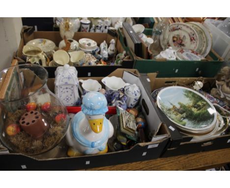 FOUR TRAYS OF CERAMICS TO INCLUDE CONTINENTAL STYLE FIGURES, A FIGURATIVE LAMP ETC.