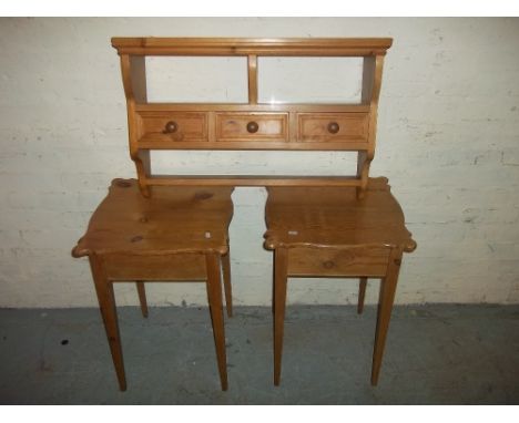 A SOLID DISPLAY SPICE WALL RACK WITH DRAWERS AND TWO SOLID PINE SOFA TABLES