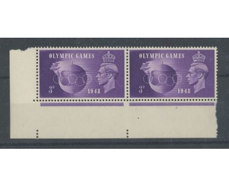 1948 Olympic Games 3d bottom left corner pair, one stamp showing the "Crown flaw". U/M, fine. SG 496a Cat £75. (2)