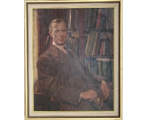 MARY EASTMAN 1906-1990 OIL ON CANVAS- PORTRAIT OF MAN IN LIBRARY - SIGNED- 72CM X 92CM - CANVAS A LTTLE BUMPY, LOOKS LIKE THE