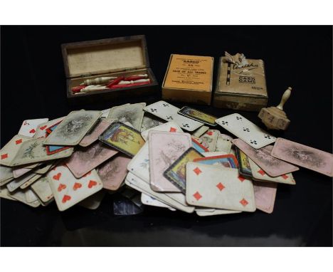 19th Century Ivory Cribbage Marker Pegs, a bone number spinner, card game and cards.