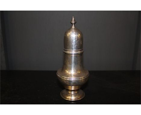 A Scottish George II Blind Silver Sugar Caster, engraved detachable lid, Date letter D - Edinburgh. 224g 16.5cm high