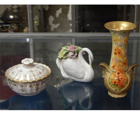 A group of china / porcelain items including a 'Spode' sugar bowl, a 'Royal Doulton' swan with bouquet and a 'Doulton Burslem