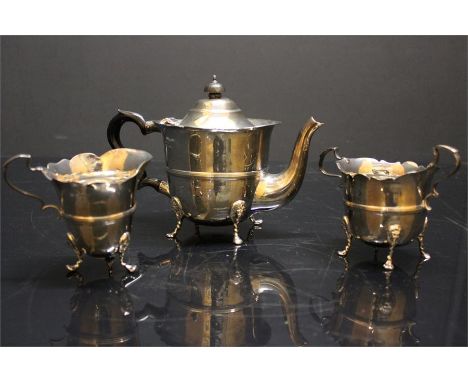 Silver Teapot, milk jug and sugar bowl all on lion supports. J.M.B.  Chester Assay, date letter R, Jug and bowl (281g) Teapot