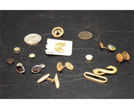 One pair of gold plated cuff links circa 1930, one pair of mourning cuff links circa 1910.  One clean hands for health badge 