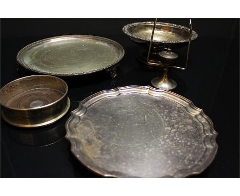 Five silver plated items, inc brandy burner, wine coaster and a salver