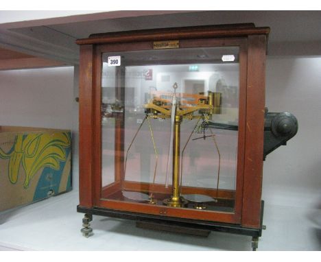 L.Oertling Ltd London, Laboratory Brass Scales, in a mahogany case.