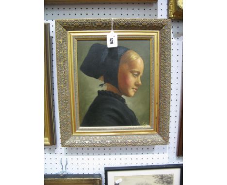 A XX Century School, Portrait Study of a Young Girl, possibly in mourning, oil on canvas, 28 x 23cm, signed lower right, Cort