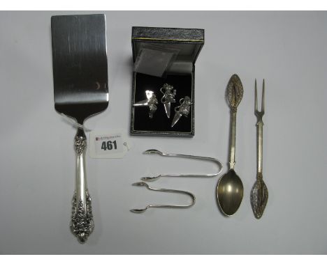 Novelty Plated Cheese Mice, decorative pastry slice/server (handle stamped "Wallace Sterling 925"), filigree handle spoon and