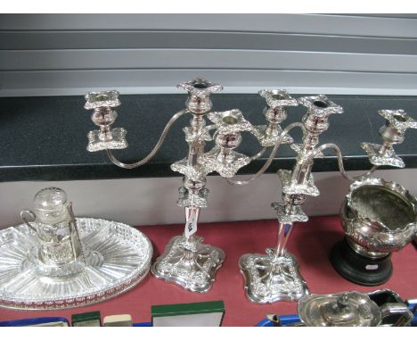 A Pair of Decorative Plated Twin Branch Candelabra, each with reeded scroll arms, on shaped square base, 41cm high; a plated 