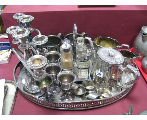 Plated Three Piece Tea Service, oval galleried tray, cruet set, tankards. etc.