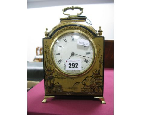 An Early XX Century Gilt Lacquer Mantel Clock, with a brass handle finial's, white dial, Roman numerals, on bracket feet.