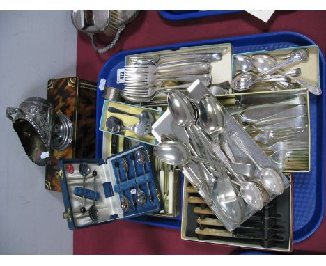 A Mixed Lot of Assorted Plated Cutlery, including cased coffee spoons, boxed tea knives, sugar scuttle, a hallmarked silver n