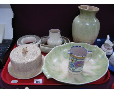 1930's Ducal Pottery Mottled Bowl and Vase, Sylvac cheese dome and stand with mouse finial, three pieces of Poole pottery in 