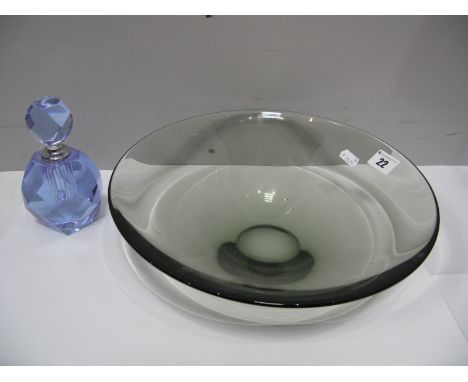 A Holmegaard (Denmark) Smoked Glass Bowl, designed by Per Lutken 1959-1965, etched marks to base, 31cm diameter; a faceted bl