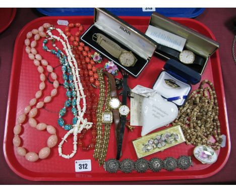 Vintage Foil and Other Bead Necklaces, ladies and gent's wristwatches, modern pill boxes, pottery heart keepsake, circular pa
