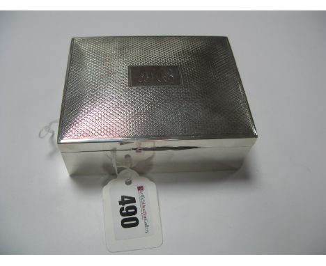 A Hallmarked Silver Cigarette Box, (marks rubbed) of rectangular  form with engine turned lid, initialled.