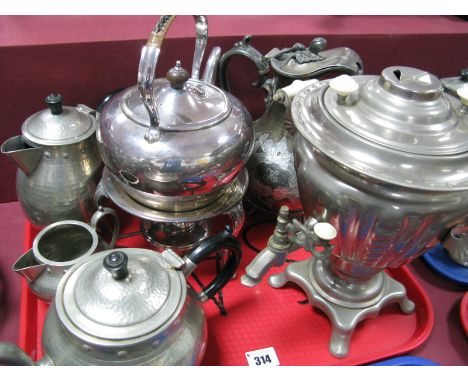 Mappin &amp; Webb Plated Spirit Kettle on Stand, Dixons hot water jug, pewter tea service, etc:- One Tray