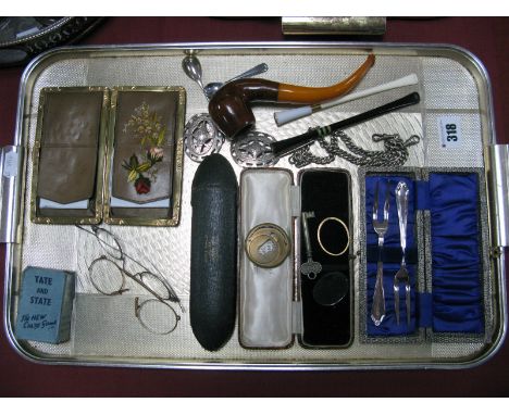 Silver Watch Chain, pierced twin oval buckle, spectacles, Briar pipe, Art Deco cheroot holders, card case, etc:- One Tray