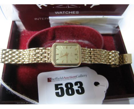 Rotary; A Modern 9ct Gold Cased Ladies Wristwatch, the signed rectangular dial with line markers, within plain case, to integ