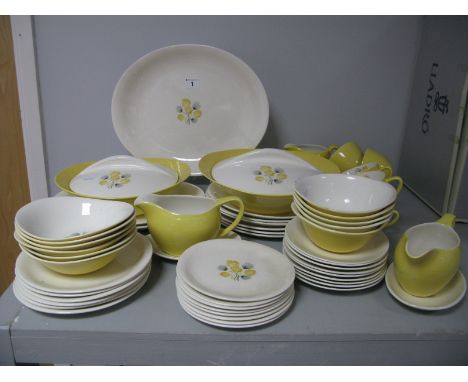 A 1950's Vintage Bristol Pottery 'Cotton Grass' Pattern Dinner Service, comprising:- large oval meat plate, two oval plates, 