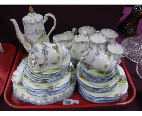 A Paragon 'Gainsborough' Pattern Coffee Service, comprising coffee pot, milk jug and sugar basin, six saucers, seven cups, pl