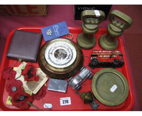 Brass Weights, barometer, geometry set, tinplate windup double decker bus, Gaiety car, etc:- One Tray