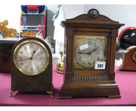 Early XX Century Domed Walnut Cased Mantel Clock, with eight day movement, late XIX Century mantel clock, with cross swords l
