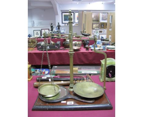 Class One Brass Balance Scales, on mahogany base, hand mirror. (2)