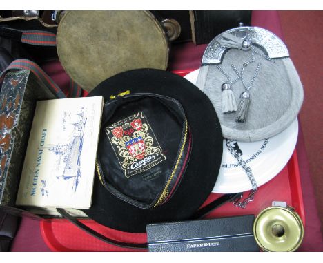 Sporran, beret, Papermate pen set, cigarette cards, geometry items, tambourine, etc:- One Tray