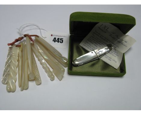 Assorted Carved Mother of Pearl Baby Teethers, including, hammer, saw, scissors etc; a Wostenholm &amp; Son two blade folding