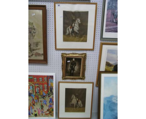 J Plank Cavalrymen Studies, pair of prints on silk, 27 x 21.5cm. Infantryman print in gilt frame. (3)