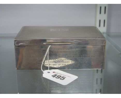 A Hallmarked Silver Cigarette Box, H. Box, Birmingham 1968, of rectangular form with engine turned lid, initialled and engrav