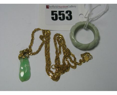 A Twisted Curb Link Chain, stamped "22C", suspending a jade coloured pendant, stamped "585", together with hardstone ring.