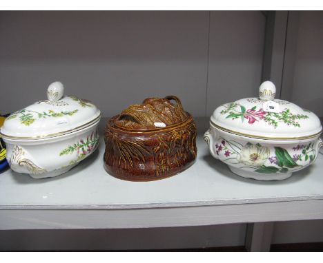 Spode 'Stafford Flowers' Circular Tureen and Cover, with flower bud finial, another oval tureen in the same design and a Port