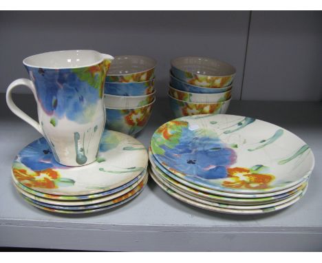 Janice Tchalenko For Poole Pottery, a part dinner service painted with an impressionist 'Iris' design on a cream ground, comp