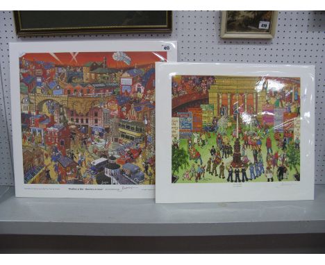 Joe Scarborough 'Sheffield At War-Business As Usual', coloured print 42 x 46.5cm. another, 'Our City Hall', 33.5 x 42cm, both