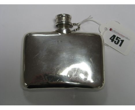 A Victorian Hallmarked Silver Hip Flask, (makers mark rubbed),London 1859, of plain rounded rectangular form, the screw top w