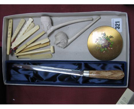 A XIX Century Ivory Teethers, Joseph Rodgers letter opener, (boxed) clay pipe of General Gordon, one other compact  