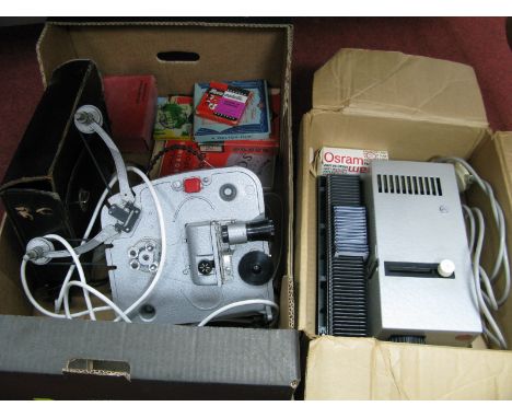 Leitz Slide Projector, with slides Omo Russian example, Bauer cine camera, reels, etc