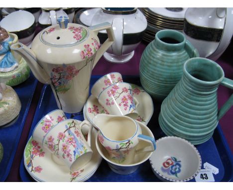 A Tudor Ware Art Deco 'Blossom Time' Pattern Part Coffee Set, two 1930's turquoise matt glazed ribbed jugs and a small Poole 