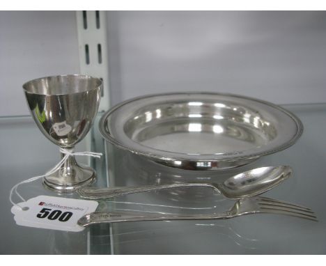 A Hallmarked Silver Child's Spoon and Fork, WG&amp;S, Sheffield 1923; a hallmarked silver egg cup, Walker &amp; Hall, Sheffie