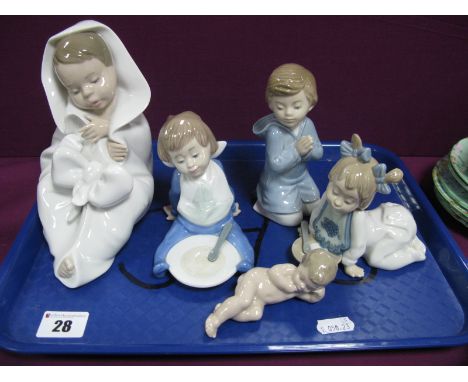 Nao Figures; 'I Have Arrived', No. 1340, 'Baby With Porridge', No. 1074, 'Girl With Cats and Porridge', No. 1076, 'Boy Prayin