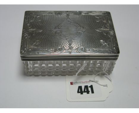 A Victorian Hallmarkded Silver Lidded Cut Glass Box, London 1859, engine turned and scroll engraved, with square cut detail t